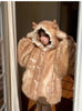 Autumn Winter Thick Warm Sweet Cute Lace Patchwork Faux Fur Coat Hoodie Women with Deer Ears Horn Buttons Fluffy Jacket