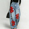 Women Faux Denim Wide Leg Pants High Waist Floral Print Eyelet Hole Decor Loose Baggy Trousers Vintage Street Long Pants