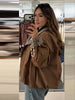 Brown Stand Collar Short Jacket Classic Plaid Contrast Cuff Oversized Casual Coat Autumn Lady Daily Street Outerwear