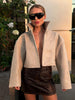 Autumn Women Croc Embossed PU Leather Jacket High Neck Zip Up Oversize Loose Cropped Coat Long Sleeve Street Lady Outerwear