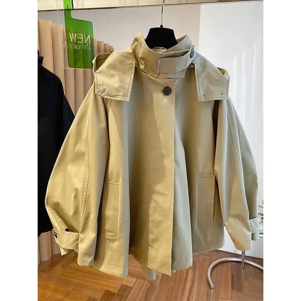 American Vintage Long Sleeve Hooded Trench Women Casual Wide-Waisted Zipper Utility Style Coat Button Patchwork Autumn