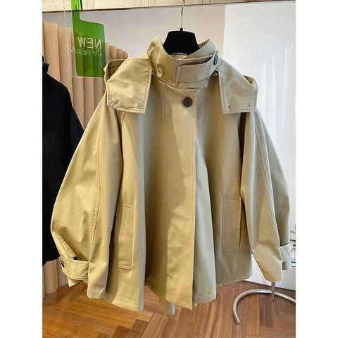 American Vintage Long Sleeve Hooded Trench Women Casual Wide-Waisted Zipper Utility Style Coat Button Patchwork Autumn