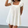 Bohemian Puff Sleeve Maternity Dress Women Square Neck A-line Mini Ruffled Dresses Fairy Vintage Loose Fit Flowy Short Dress
