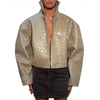 Beige Croc Leather Cropped Jacket Y2k Stand Collar Long Sleeve Wide Cuff Oversize Coat Autumn Street Daily Casual Outerwear