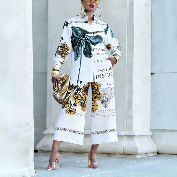 Women's 2-Piece Floral Letter Print Outfit, Long Sleeve Button-Down Shirt & High Waist Wide Leg Pants, Elegant Casual Co-ord Set