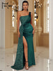 Wine Sequin Evening Dress Elegant Women One Shoulder Draped Split Wedding Party Prom Dresses Bridesmaid Wine Long Gown