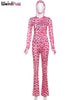 Leopard Contrast Letter Print 2 Piece Set Women Hooded Full Sleeve Crop Jacket+Skinny Stretch Flare Pants Suits