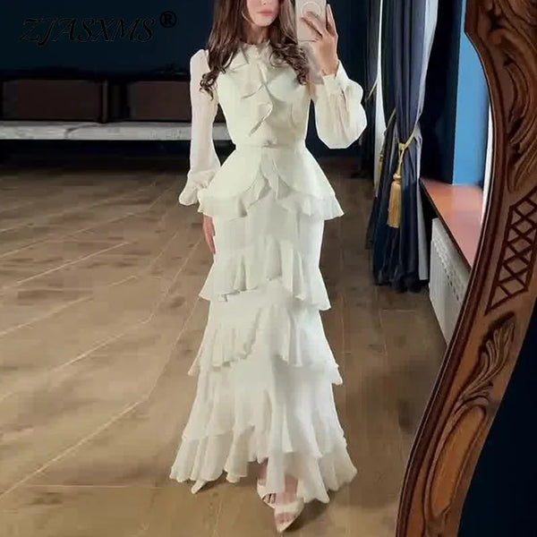 Woman Sexy O Neck Layered Ruffles Long Dresses Elegant Solid High Waist Chiffon Party Dresses Autumn Long Sleeve Slim Boho Dress