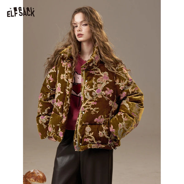 Women's Winter Down Jacket, Retro Floral Embroidery Stand Collar Puffer Coat, Romantic Thick Warm Padded Top