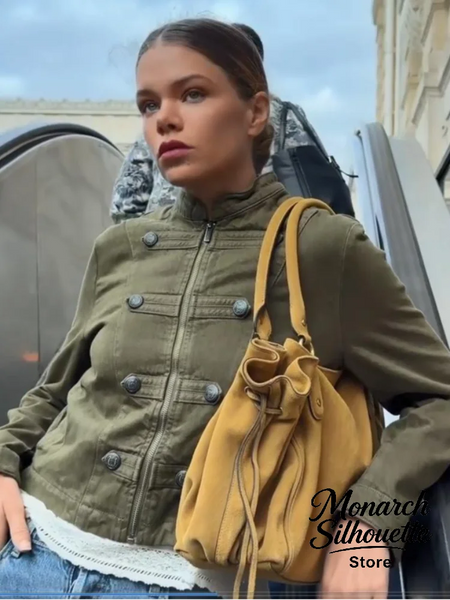 Green Napoleon Short Jeans Jacket Women's Chic Stand Collar Long Sleeve Zipper Crop Coat Lady Fall Daily Street Outwear