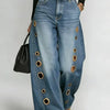 Women's High Waist Wide Leg Jeans Denim Gold Eyelet Cutout Decor Loose Fit Streetwear Casual Y2K Denim Trousers with Pockets