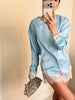Women's Satin Short Dress Patchwork Lace Trim Crew Neck Long Sleeve Loose Dresses Spring Lady Casual Daily Chic Streetwear