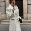 Vintage Large Lapel Tweed Long Coat Women Elegant Loose Double Breasted Belt Coats Lady Winter Classic Chic Street Overcoat