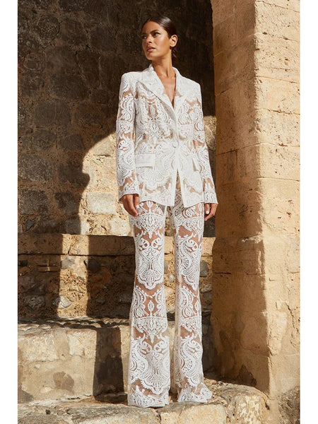 High Street Designer Runway Suit Set Women's Single Button Guipure Lace Sequined Blazer Pants Suit