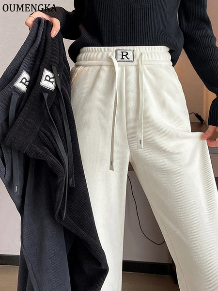 High Waist Retro Corduroy Stripe Women's Pants Fall Straight Causal Full Length Vintage Pockets All Match Japanese Y2k Trousers