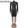 Fall Diamonds See Through O-neck Women Long Sleeve Bodycon Mini Dress Birthday Party Evening Sexy Maxi Dresses