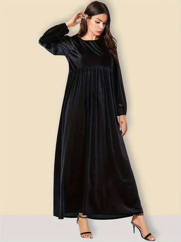 Plus Size Women's Velvet Maxi Dress Long Sleeve Round Neck High Waist Loose Casual Modest Long Dress