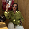 Streetwear Green Belted Jacket Stand Collar Puff Sleeve Cropped Coat Y2k Cool Girl Spring Autumn Casual Outerwear