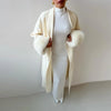 Lace-Up Long Overcoat Women's Coat Office Lady Elegant Woolen Furry Patchwork Long Sleeve Coats Loose Cardigan Jackets