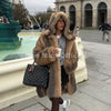 Vintage Hooded Faux Fur Coat Women Winter Slavic Style Girl Striped Fox Fur Jacket Long Overcoat