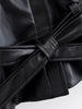 Women Black Short Faux Leather Trench Coat Long Sleeve Lapel Jacket With Belt Vintage Lady Motorcycle Jacket Outwear