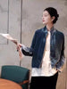 Retro Chinese Style Navy Blue Velvet Jacket, Women's French Chic Shirt Collar Blazer Elegant Business Tops J014