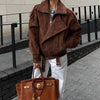 Women's Belt Short Suede Jackets Loose Lapel Long Sleeve Zipper Coats Spring Lady Vintage Female Outwear Street