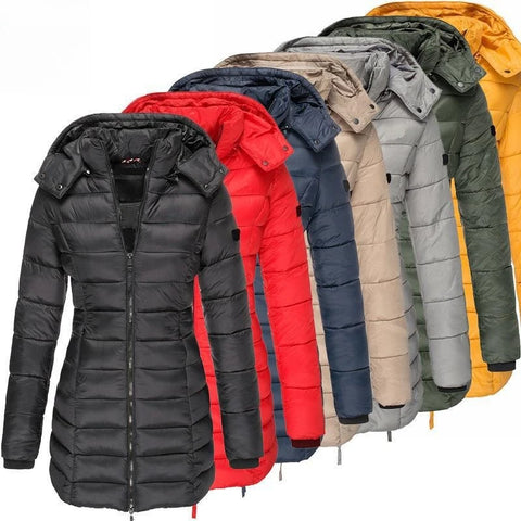 Women's Cotton Jacket Medium Length Slim Fitting Parkas Winter Thicken Warm Solid Zipper Hooded Cotton Coat