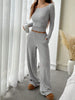 Women's Solid-Color Ribbed Loose-Fit Crew-Neck Top and Pocketed Wide-Leg Pants Set
