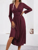 Elegant Solid Color Knit Dress for Women Fall Winter Overlap V-Neck Long Sleeve with Waist Shirring Bodycon Long Maxi Dress