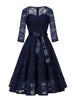 Sweetheart Neck Elegant Lace Long Swing Dress Women 3/4 Length Sleeve Belted Spring Autumn Vintage Ladies Midi Dresses