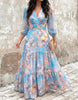 Women's Dress Spring Watercolor Flower V-Neck Shirt High Waist Lantern Sleeve A-Line Ruffle Chiffon Holiday Dress