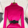 Elegant Turtleneck Long Sleeve Knit Soft Tight Pencil Dress with Belt Slim Warm Sweater Vestido Sexy Women Winter Robe
