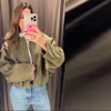 Autumn Women's Green Suede Short Jacket Loose Lapel Zipper Long Sleeve Bomber Coat Female Lady High Street Outwears