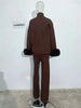 2 Pieces Sets For Women High Neck Loose Sweater With Fox Fur Cuffs Wide Leg Trousers Spring Winter 2DB1757