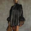 Autumn Turtleneck Solid Soft Velvet Dress Woman Casual Patchwork Leopard Ruffle Mini Dress Winter Long Sleeve A-Line Party Dress