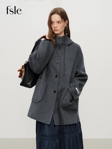 College Style Age-reducing Hooded Double-faced Wool Coat for Women Mid-length Wool Coat Pockets Gray Girlish
