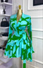 Women Tie Dye Print Flare Long Sleeve V-neck Sashes Ruffle Mini Dress Elegant Sexy Vacation Party Birthday Dresses