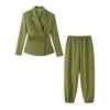 Olive Green Asymmetric Blazer & Pants Set – Women's Ruched Waist Suit Two Piece Office Lady Autumn
