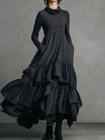 Women's Cowl Neck Dress Long Sleeve Black Minimalist Ruffle Layered Dress Gothic Casual Retro Pockets A-line Chic Dresses