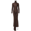 Turtleneck Long Sleeve Bodycon Dress Women Tight Elastic Lace-up Maxi Dresses Winter Evening Party Curvy Robe Red Brown