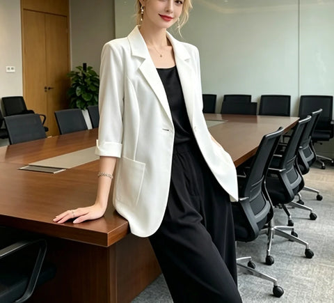 Women White 3/4 Sleeve Blazer Elegant Office Business Suit Jacket Loose Pocket Formal Workwear Ladies Casual O