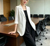 Women White 3/4 Sleeve Blazer Elegant Office Business Suit Jacket Loose Pocket Formal Workwear Ladies Casual O