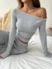 Women's Solid-Color Ribbed Loose-Fit Crew-Neck Top and Pocketed Wide-Leg Pants Set