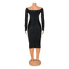Women Off Shoulder V-neck Ruched Stacked Bodycon Midi Dress Autumn Winter Long Sleeve Party Club Prom Vestidos