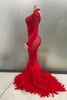 Yiling Sparkling Red Crystal Feather Mermaid Long Sleeve Long Dress Women's Formal Occasion Wedding Celebration Party
