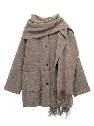 Women Elegant Knitted Cardigan Coats With Scarf Single Breasted Long Sleeve Jackets High Street Lady Chic Outerwear