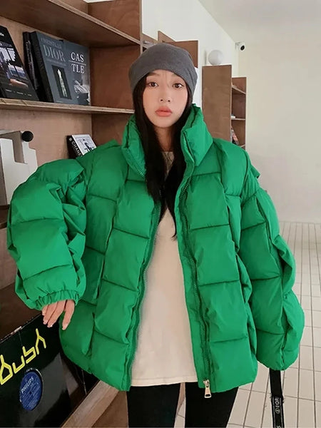 Winter Women Parkas Warm Down Cotton Coats Bubble Jacket Thick Knitted Loose Puffer Coat Stand Collar Female Outwear