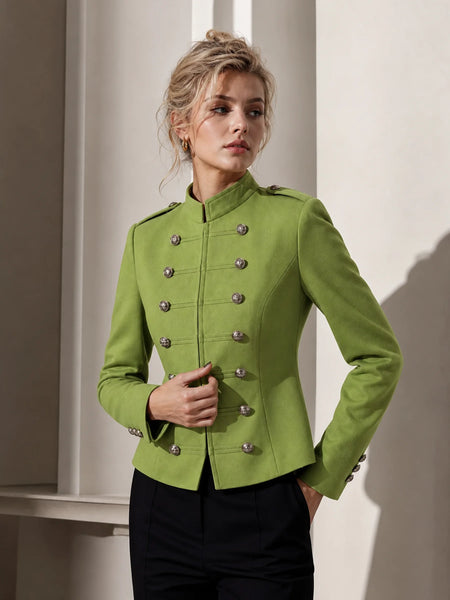 Elegant Women Stand Collar Double Breasted Military Jacket Slim Fit Waist Cropped Blazer Solid Color Lady Outer Coat