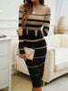 Office Ladies Knitted Dress Elegant Striped Print Slim Long-sleeved Dress Autumn Winter